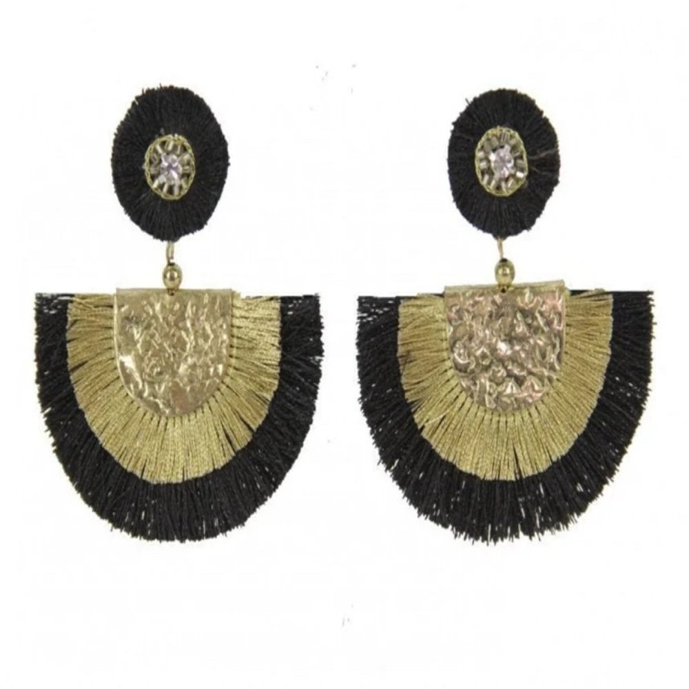 Black and Gold Tassel Post Earrings, Black and Gold Crescent Earrings